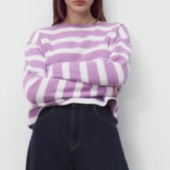 Zara rustic purple and white striped cropped oversized sweater NWT - Picture 1 of 6